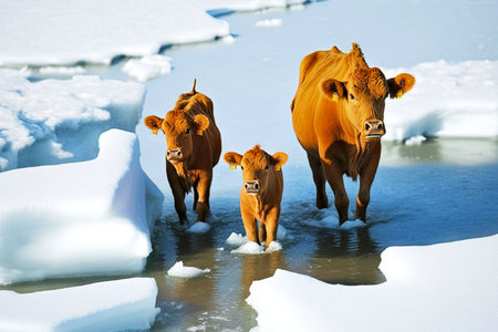brown cow with two calves climbing on snow-covered ice, generative aiの写真素材