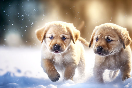 cute puppies are playing in snow on blurred background, generative aiの写真素材