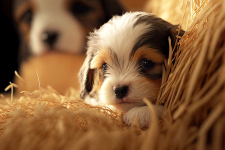 cute puppies are playing in soft hay on off-camera, generative aiの写真素材