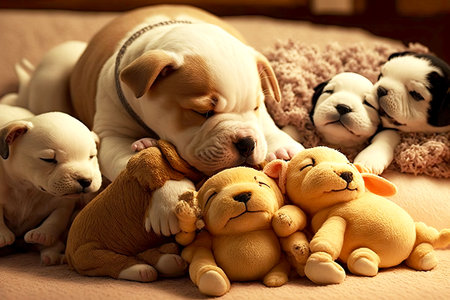 lazy cute puppies are playing with small soft plush toy, generative aiの写真素材