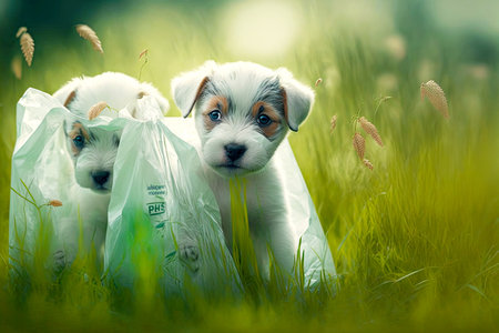 cute puppies are playing with stylish plastic bags in grass, generative ai