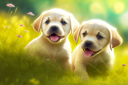 cute puppies are playing in soft grass of rolling lawn, generative aiの写真素材