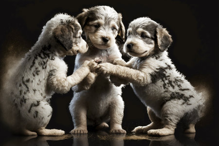 cute puppies are playing gray dog on dark background, generative aiの写真素材