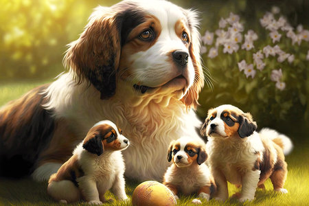 mom dog with cute puppies are playing on lawn, generative aiの写真素材