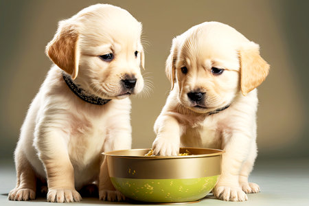 cute puppies are playing and eating food from bowl with paws, generative aiの写真素材