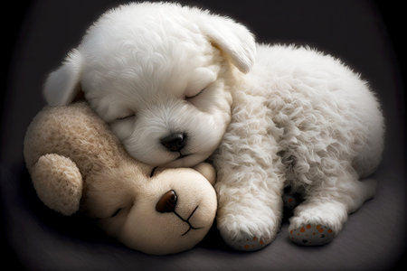 white puppy sleeps on plush rug cute puppies are playing, generative aiの写真素材
