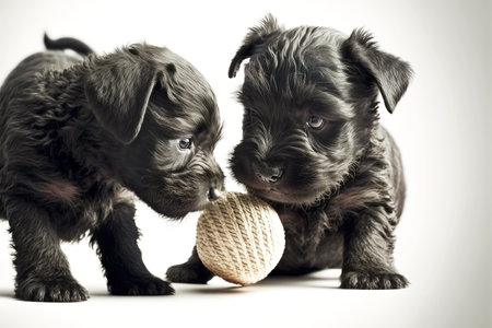 cute puppies are playing black terrier on white background, generative aiの写真素材