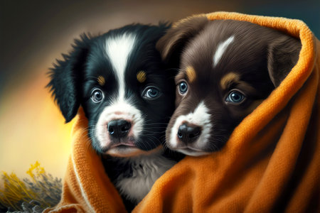 two cute puppies are playing together in soft thick blanket, generative ai