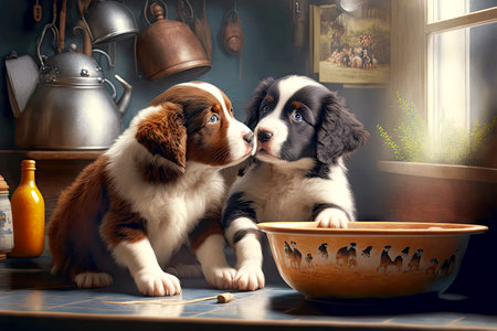 domestic cute puppies are playing and cuddling in kitchen, generative aiの写真素材