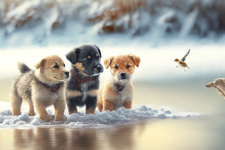 cute puppies are playing in snow on shores of frozen lake, generative aiの写真素材