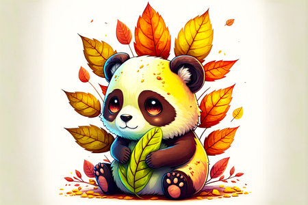 cute cartoon character leaf with yellow and red colors in form of panda isolated on white background, generative aiの写真素材