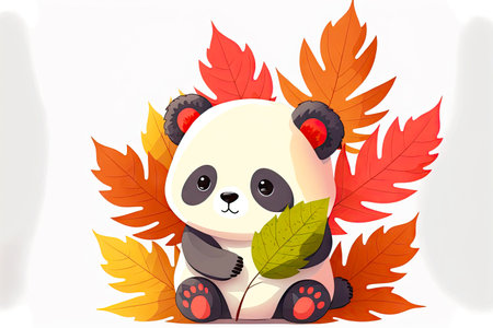 cute cartoon character leaf with yellow and red colors in form of panda isolated on white background, generative aiの写真素材