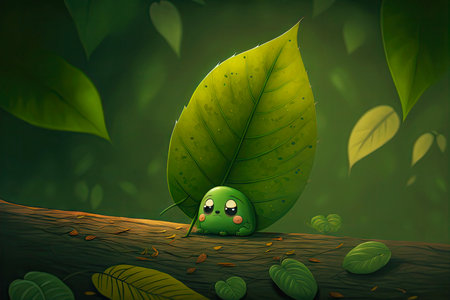lonely cute cartoon character leaf lying on thin branch against background of green leaves, generative aiの写真素材