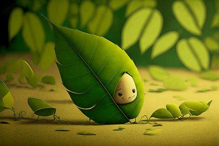 lonely cute cartoon character leaf lying on thin branch against background of green leaves, generative aiの写真素材