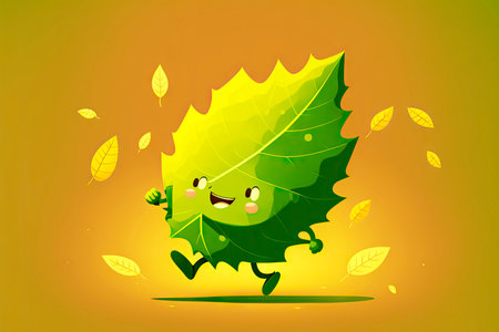 happy cute cartoon character leaf jumping on green background, generative aiの写真素材