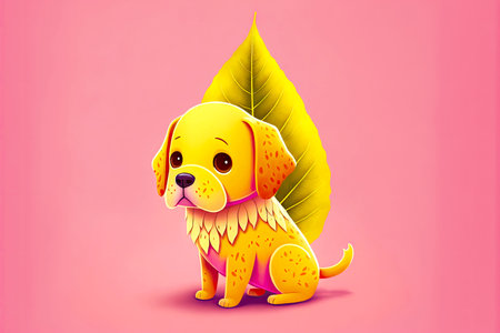 cute cartoon character leaf as yellow dog on pink background, generative aiの写真素材