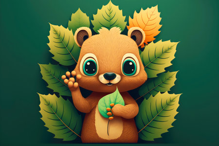 cute cartoon character leaf with face and hands in form of squirrel, generative aiの写真素材