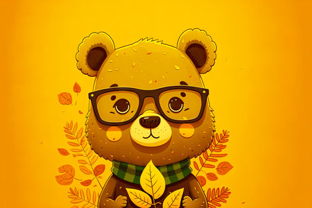 cute cartoon character leaf bear with glasses on yellow background, generative aiの写真素材