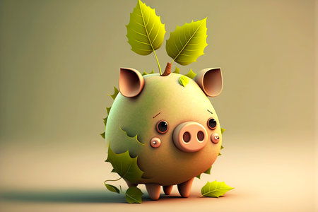 cartoon cute character leaf in form of pig on light background, generative aiの写真素材