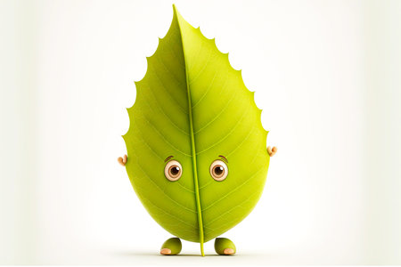 little cute cartoon character leaf with ears isolated on white background, generative aiの写真素材