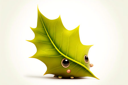 little cute cartoon character leaf with ears isolated on white background, generative aiの写真素材