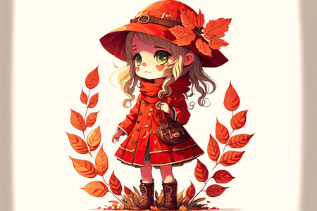 cute cartoon character leaf girl in red dress and hat, generative aiの写真素材