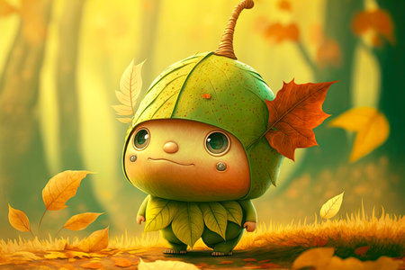 little cute cartoon character leaf with green ears on background of autumn forest, generative aiの写真素材