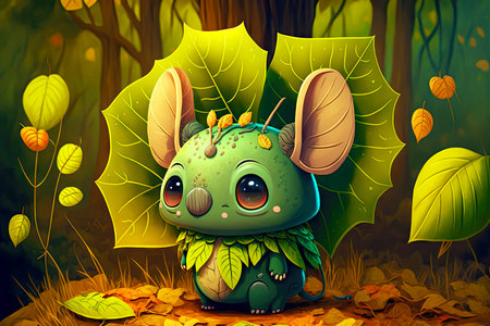 little cute cartoon character leaf with green ears on background of autumn forest, generative aiの写真素材