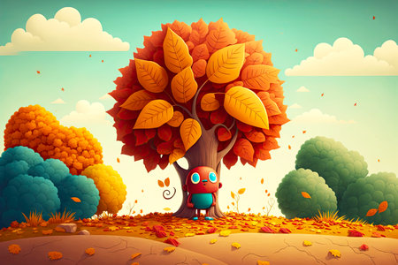 beautiful autumn landscape with cute cartoon character leaf, generative aiの写真素材