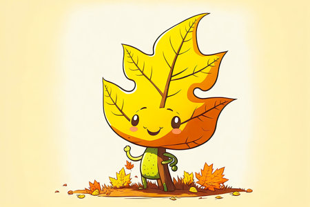 cute cartoon character leaf depicted in outline with bright autumn tree, generative aiの写真素材