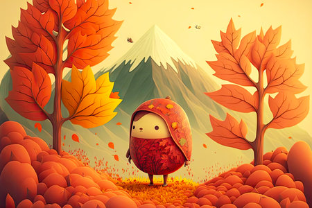 beautiful autumn landscape with cute cartoon character leaf, generative aiの写真素材