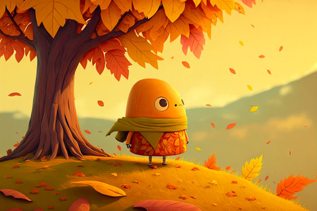 beautiful autumn landscape with cute cartoon character leaf, generative aiの写真素材