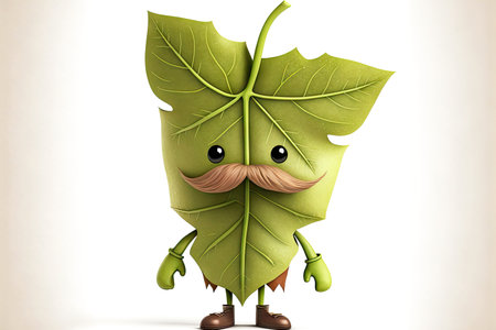 cute cartoon character leaf man with moustache isolated on white background, generative aiの写真素材