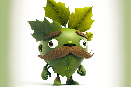 cute cartoon character leaf man with moustache isolated on white background, generative ai