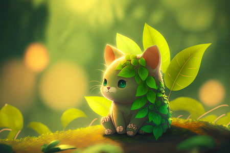 cute cartoon character leaf shape of cat with ears and paws on blurred background, generative aiの写真素材