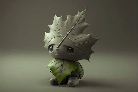 grey cute cartoon character leaf sitting on gray background, generative aiの写真素材