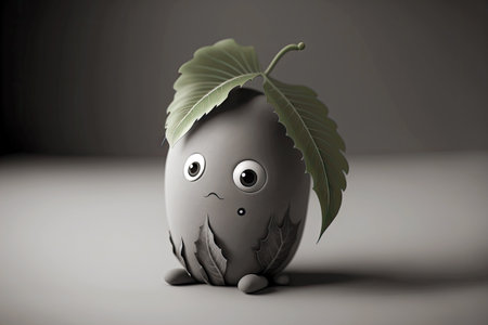 grey cute cartoon character leaf sitting on gray background, generative aiの写真素材