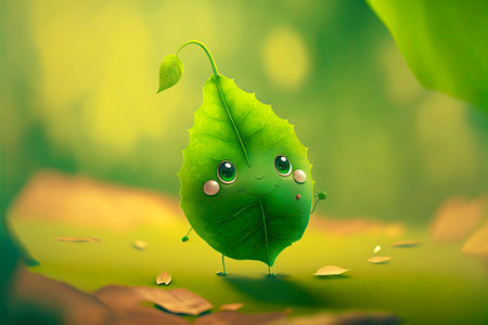 green cute cartoon character leaf on blurred green background, generative aiの写真素材