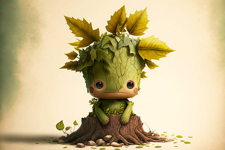 cute cartoon character leaf sitting on tree with their own head, generative aiの写真素材