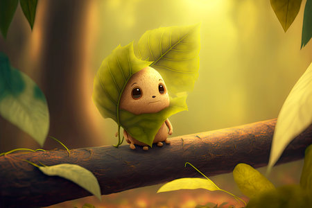 small cute cartoon character leaf sitting on branch against background of forest, generative aiの写真素材