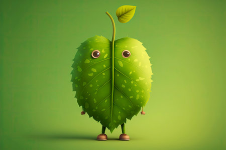 cute cartoon character leaf in wide variety of green tones, generative aiの写真素材
