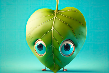 cute cartoon character leaf with two green eyes on blue background, generative aiの写真素材