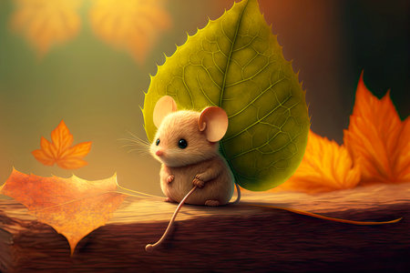 cute cartoon character leaf in form of cute little mouse, generative aiの写真素材