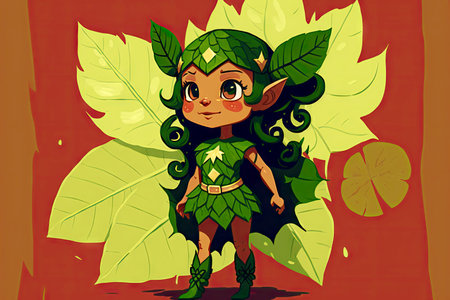 cute cartoon character leaf girl with tanned skin on green background, generative aiの写真素材