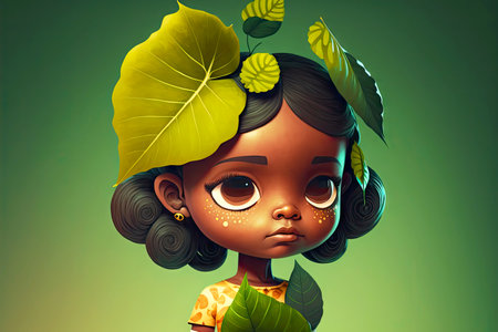 cute cartoon character leaf girl with tanned skin on green background, generative aiの写真素材