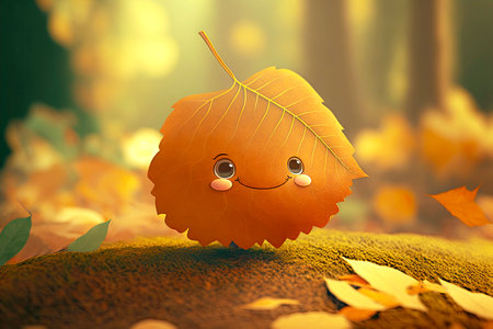 soft autumn cute cartoon character leaf in form of smiling face, generative aiの写真素材