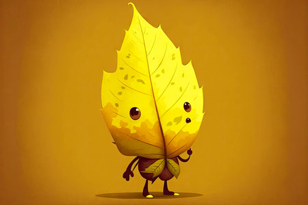 yellow cute cartoon character leaf on brown background, generative aiの写真素材