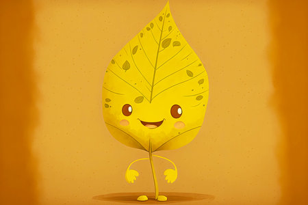 yellow cute cartoon character leaf on brown background, generative aiの写真素材