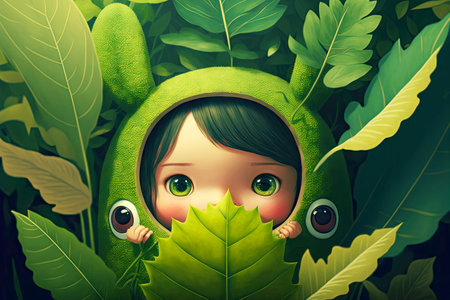 girl with bunny ears peeking out from among cute cartoon character leaf, generative aiの写真素材