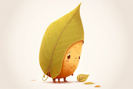 lonely cute cartoon character leaf isolated on white background, generative aiの写真素材